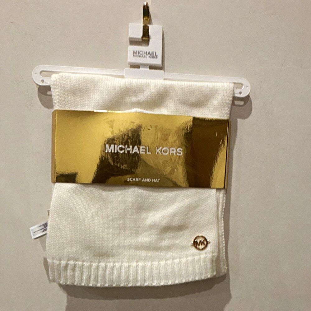 Michael Kors Women’s Ivory Knit Hat & Scarf Set Acrylic Wool MK Logo